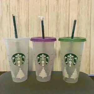 Starbucks color changing cups with white vinyl Christmas trees new 3 pack NEW